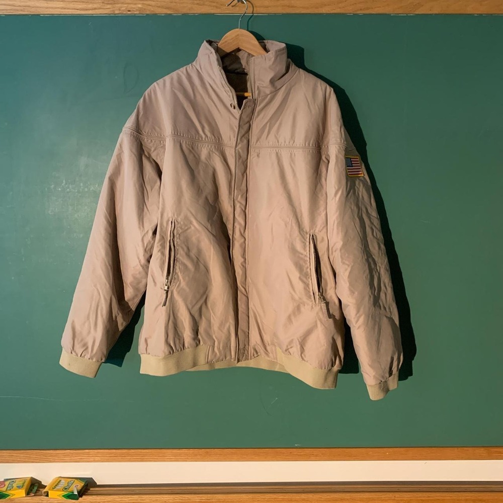 Haband Casual Joe Vintage Light Puffer Bomber Jacket American Flag Tan Men XL